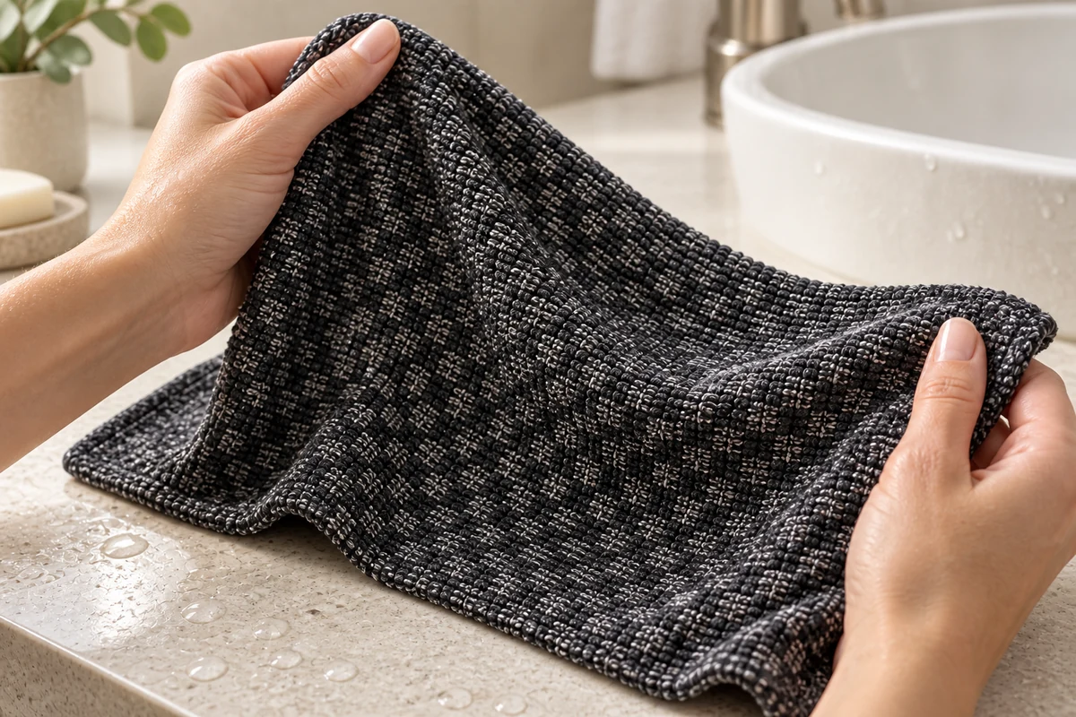 Wyraźna faktura ciemnego Kōji Face Towel rozłożonego między dłońmi